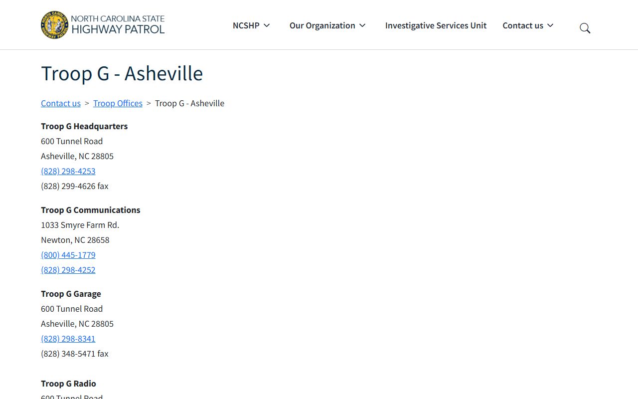 Asheville phone numbers State Highway Patrol Troop G contact