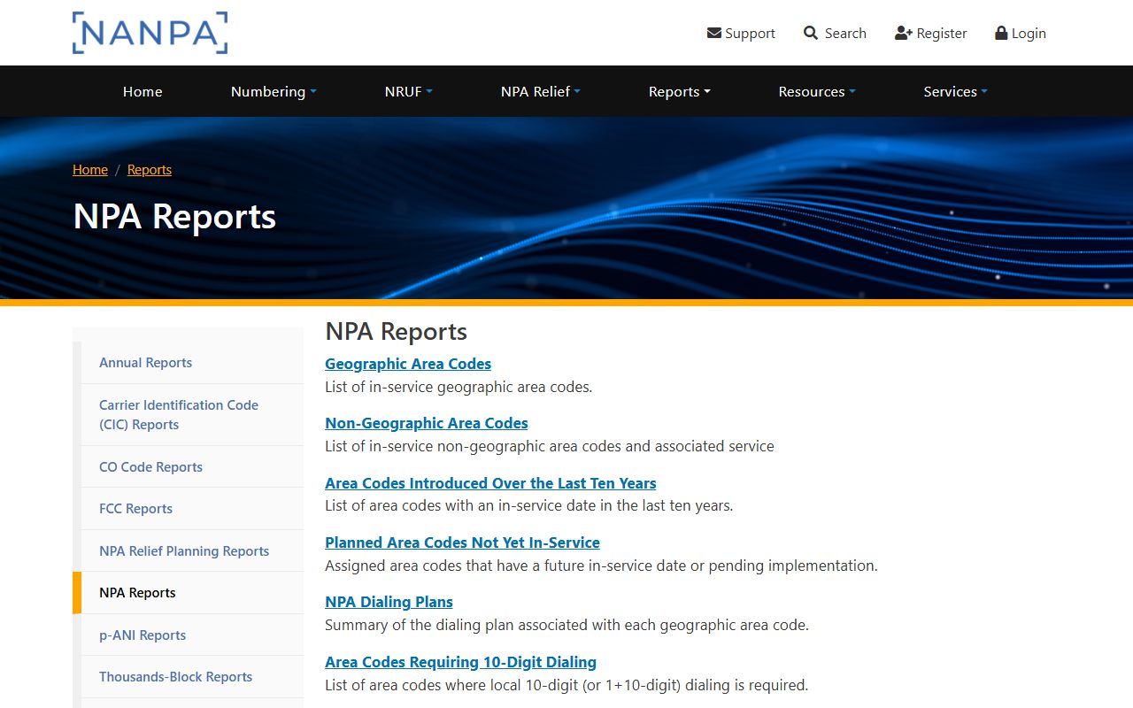 NANPA NPA reports page with dialing plan and planned area-code report links
