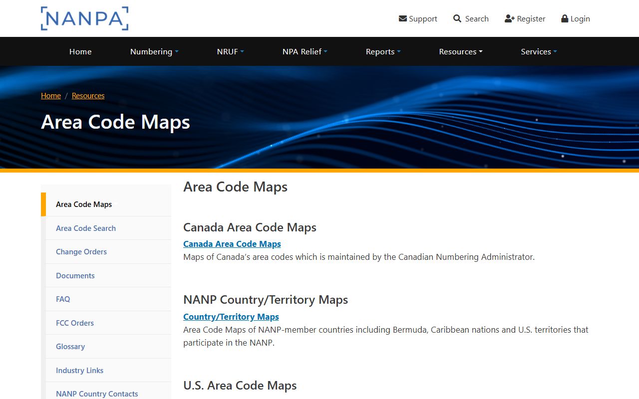 NANPA area-code map resources page for official NPA lookup