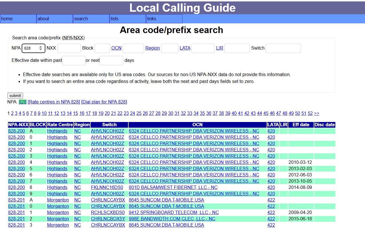 Local Calling Guide 828 NPA-NXX prefix search showing rate-center and prefix lookup fields